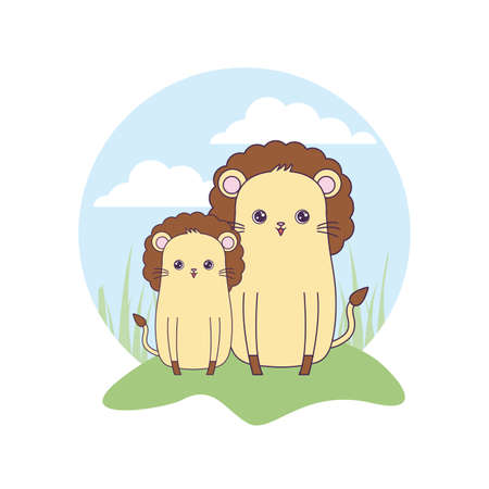 cute lions animals in landscape vector illustration designのイラスト素材