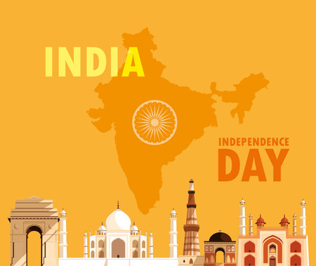 indian independence day poster with group of buildings vector illustration design