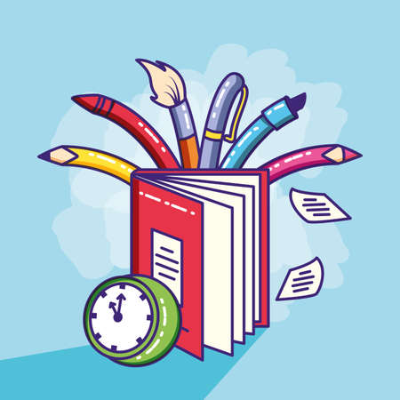 book with clock and set pencils vector illustration designのイラスト素材