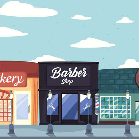 barbery shop and bakery street market commerce flat design vector illustrationのイラスト素材
