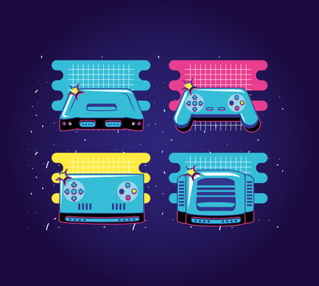set icons of devices video game retro style vector illustration design