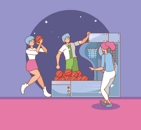 people in video game console of coins with basketball balloons vector illustration designのイラスト素材