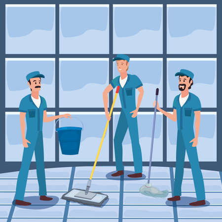 men team mop broom bucket cleaning products and supplies vector illustrationのイラスト素材