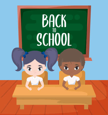 back to school with little students seated desk school in classroom vector illustration designのイラスト素材