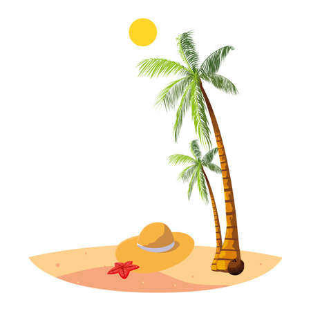 summer beach with palms and straw hat scene vector illustration designのイラスト素材