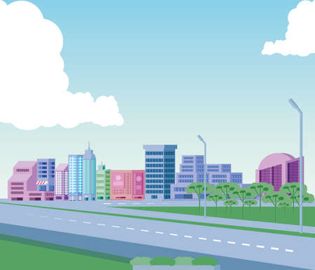 cityscape buildings scene day with road vector illustration designのイラスト素材