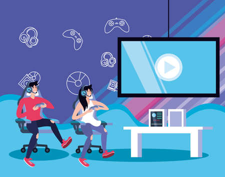young couple playing video game entertainment vector illustration designのイラスト素材