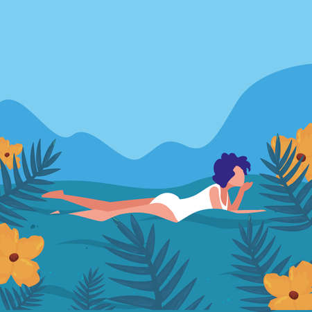 beautiful woman with swimsuit tropical flowers - summer time vector illustrationのイラスト素材
