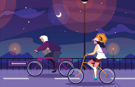 couple riding bike in night landscape with signage for cyclist vector illustration designのイラスト素材