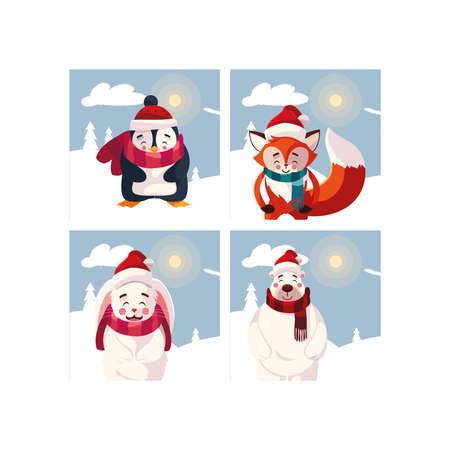 card of christmas with animals in winter landscape vector illustration designのイラスト素材