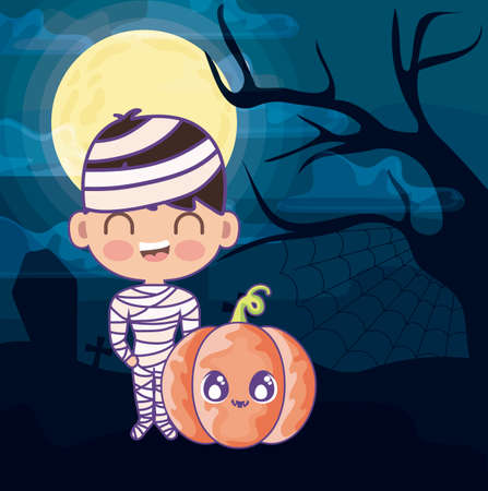 boy disguised of mummy with pumpkin vector illustration designのイラスト素材