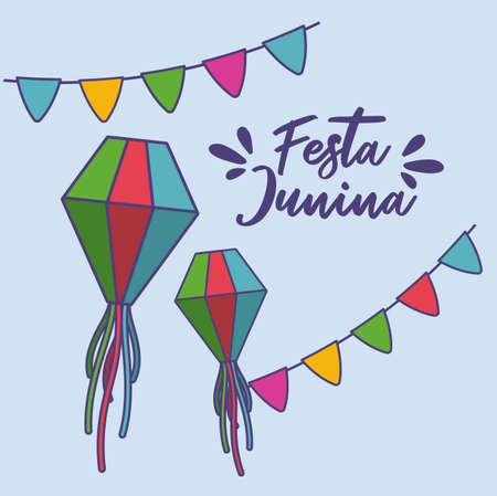 festa junina card with lanterns and garlands hanging vector illustration designのイラスト素材