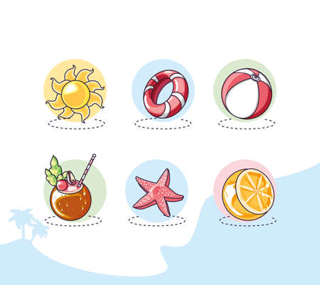 Summer and vacation icon set design, Beach tropical relaxation outdoor nature tourism island and season theme Vector illustrationのイラスト素材