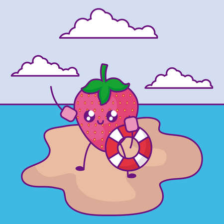 summer poster with strawberry in island kawaii vector illustration designのイラスト素材