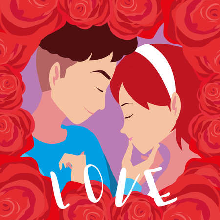 young couple in love poster with frame of roses vector illustration designのイラスト素材