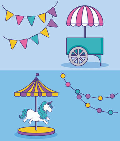 carnival kiosk with umbrella and carousel vector illustration designのイラスト素材