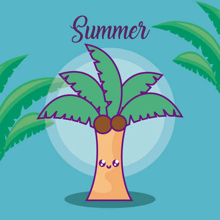summer label with palm tree kawaii vector illustration designのイラスト素材