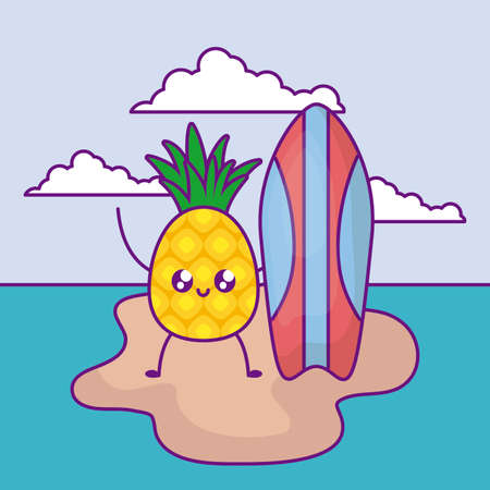 summer poster with pineapple and surfboard in island vector illustration designのイラスト素材