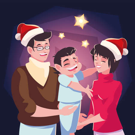 family christmas evening scene, parents and children vector illustration designのイラスト素材