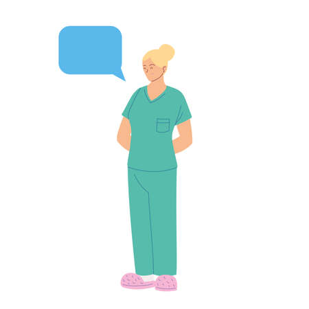 woman doctor with uniform and communication bubble design of medical care and covid 19 virus theme Vector illustrationのイラスト素材