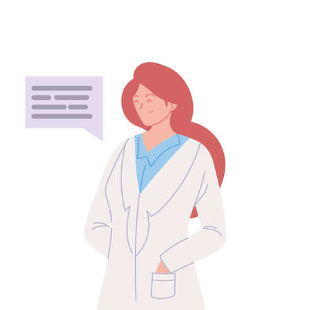 woman doctor with uniform and communication bubble design of medical care and covid 19 virus theme Vector illustrationのイラスト素材
