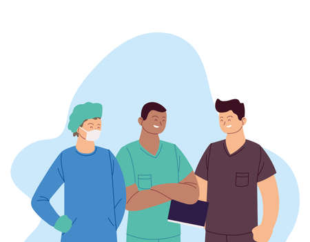 men doctors with mask and uniforms design of medical care and covid 19 virus theme Vector illustrationのイラスト素材
