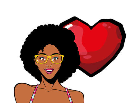 retro black afro woman cartoon with glasses and heart design, Pop art vintage and fashion theme Vector illustrationのイラスト素材