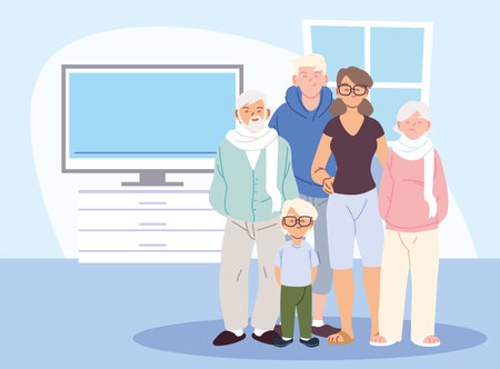 Mother father and son with grandparents cartoons in home room design, Family relationship and...