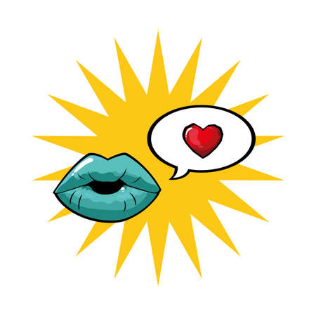 female and blue pop art mouth with explosion bubble and heart design of retro lips expression character theme Vector illustrationのイラスト素材