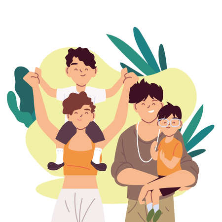 Mother father and sons cartoons and leaves design, Family relationship and generation theme Vector illustrationのイラスト素材