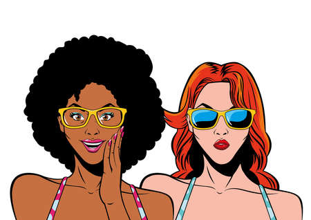 retro red hair and afro women cartoons with glasses design, Pop art vintage and fashion theme Vector illustrationのイラスト素材