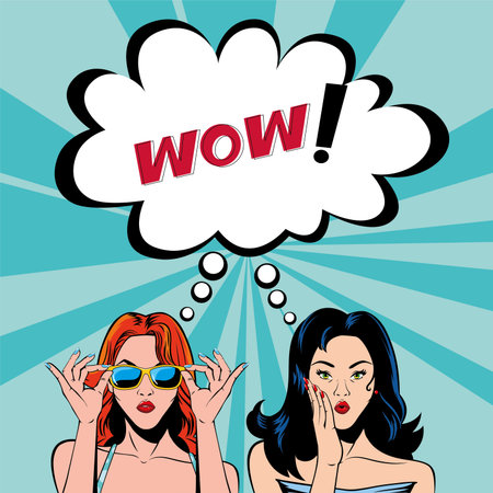 retro black and red hair women cartoons with wow bubble design, Pop art vintage and fashion theme...