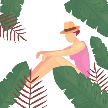 woman with hat summer time vacations vector illustrationのイラスト素材