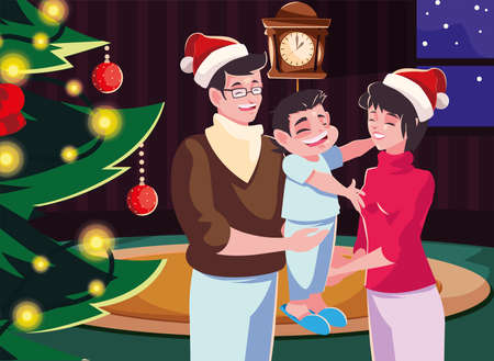 family in living room with christmas decoration, christmas evening scene vector illustration designのイラスト素材