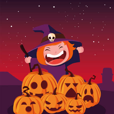 smiling girl in witch costume with broom halloween vector illustrationのイラスト素材