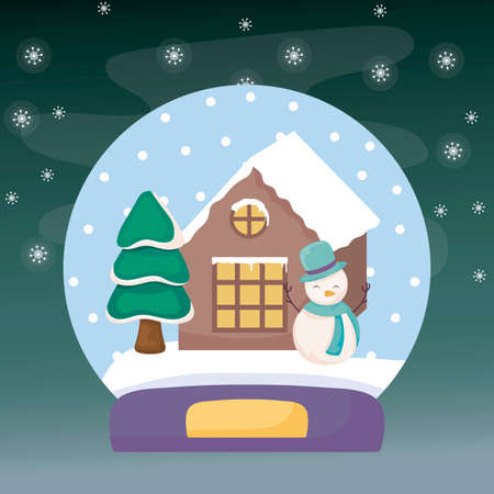 crystal ball with snowman and house on winter landscape vector illustration designのイラスト素材