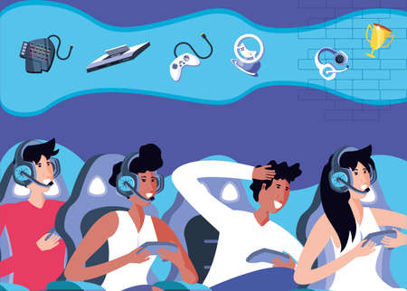 group of friends playing video game entertainment vector illustration designのイラスト素材