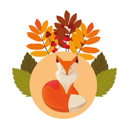 fox mammal badge foliage happy autumn season vector illustrationのイラスト素材