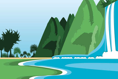 landscape mountain with waterfall scene nature vector illustration designのイラスト素材