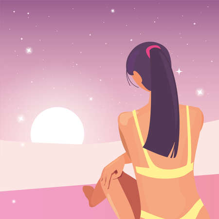 woman shore of the beach night - summer time vacations vector illustrationのイラスト素材