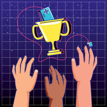 gamers hands playing with control and trophy vector illustration designのイラスト素材