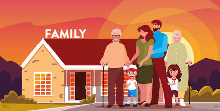 cute family with facade house in poster vector illustration designのイラスト素材