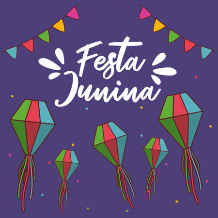 festa junina card with lanterns and garlands hanging vector illustration designのイラスト素材