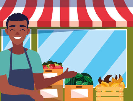 seller man farm products grocery facade vector illustrationのイラスト素材