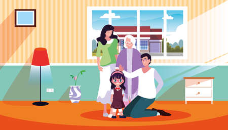 house inside with cute family members vector illustration designのイラスト素材