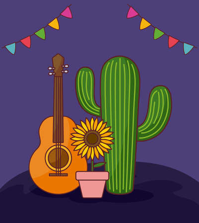 festa junina card with cactus and guitar vector illustration designのイラスト素材