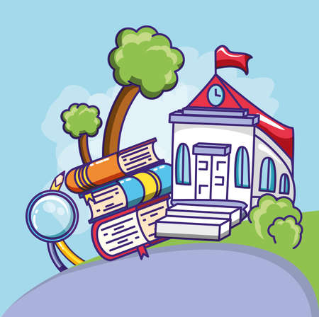 school building facade with books and magnifying glass vector illustration designのイラスト素材