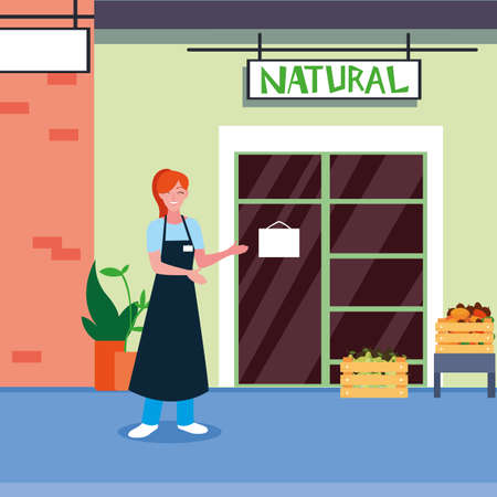 saleswoman with fruits natural store facade vector illustration designのイラスト素材
