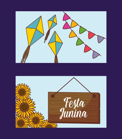 festa junina cards with sunflowers and kites vector illustration designのイラスト素材