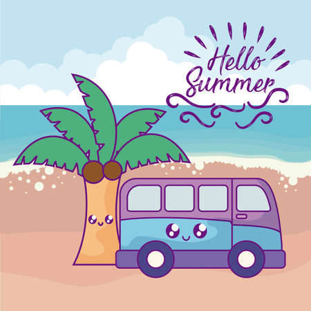 summer label with van car in beach and tree palm kawaii vector illustration designのイラスト素材
